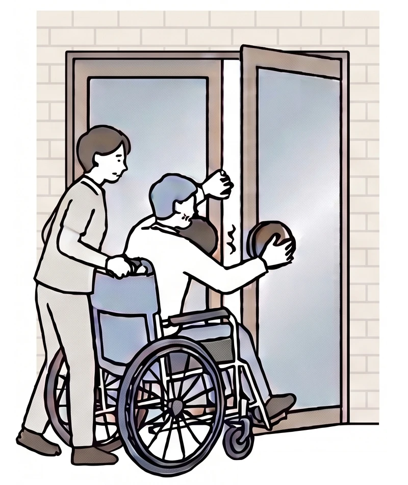 車椅子で両扉のエントランスに入ろうとしているイラスト